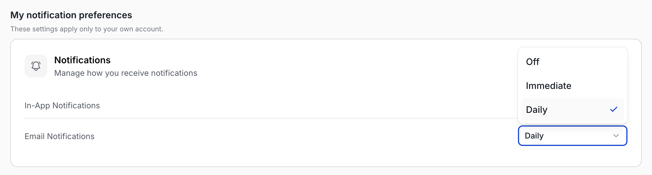 The Email Notifications setting under My notification preferences, with its three options: Off, Immediate and Daily.