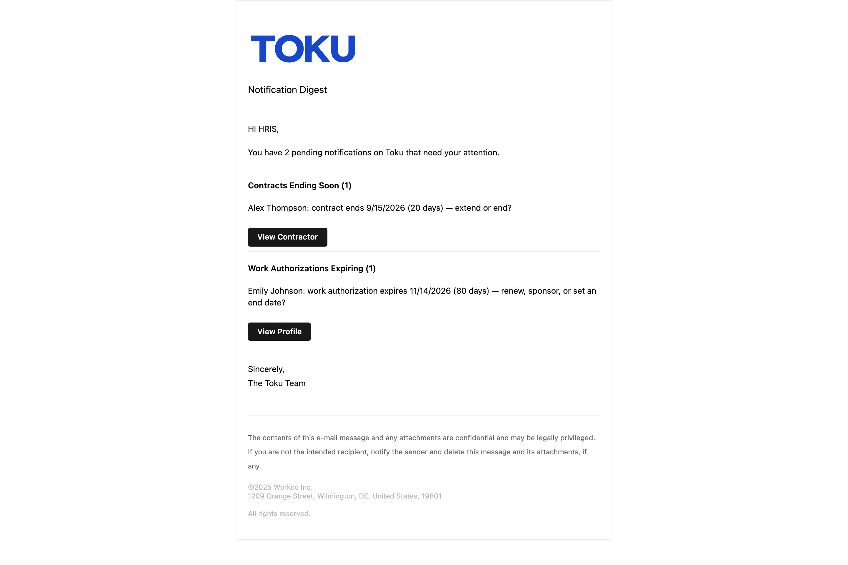 A Daily notification email groups Contracts Ending Soon and Work Authorizations Expiring into one summary.